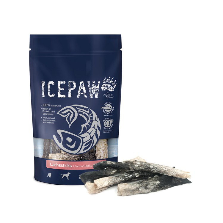 ICEPAW Lachsticks - suszone i zwijane skóry łososia dla psów 100g