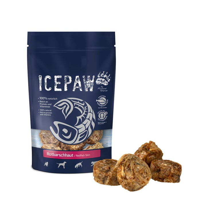 ICEPAW Rotbarschhaut przysmaki z karmazyna dla psów 100g